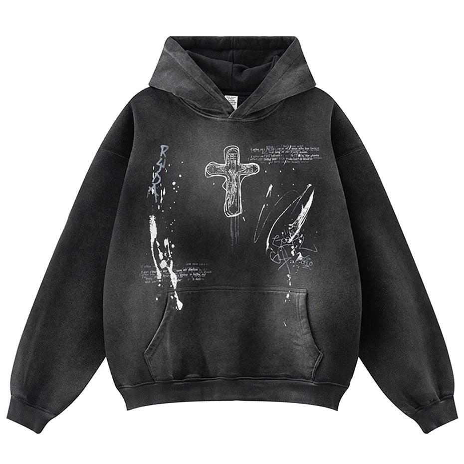 Oversized Vintage Cross Graphic Hoodie